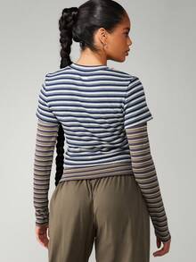 Missguided x Playboy Layered Long Sleeve Striped Top Crew Neck Fall Winter Fashion - Multicolor - View 2