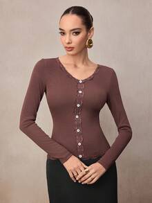 Modelyn Women's Contrast Lace Button Design Long Sleeve Fitted Blouse - Brown - View 3