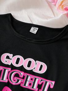 女童字母蝴蝶结印花长袖上衣和全印花蝴蝶结牛奶丝面料舒适裤子睡衣套装 - 黑色 - 查看 5