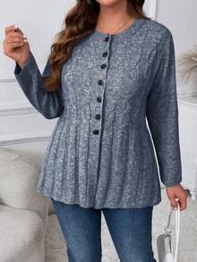 Plus Size Casual Versatile Commuter Cardigan, Autumn Winter - Blue and White - View 4
