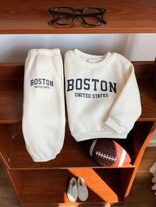 SHEIN 2pcs Baby Boy Letter Print Crew Neck Long Sleeve Hoodie And Elastic Waist Ankle Length Pants Tracksuit Set Winter Clothes - Apricot - View 5