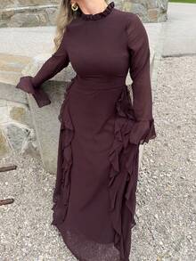 Jeta Ari Váy dài tay cổ cao màu đỏ thanh lịch cho nữ, thích hợp cho buổi tối hẹn hò, dạ hội, mùa thu/đông - Cà phê nâu - Xem 3