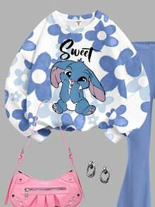 SHEIN Leap Crew Kawaii Cartoon Blue Rabbit Lulu & Stitch Pattern, Blue Ombre Floral, Tween Girls Knit Crew Neck Letter Graphic Loose Sweatshirt And Flare Pants 2 Piece Casual Set - Multicolor - View 7