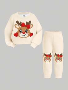 SHEIN 可爱圣诞驯鹿和心形印花女婴休闲宽松圆领柔软针织运动衫和运动裤套装，适合秋冬季、圣诞派对、街头风格、家居服 - 彩色 - 查看 2