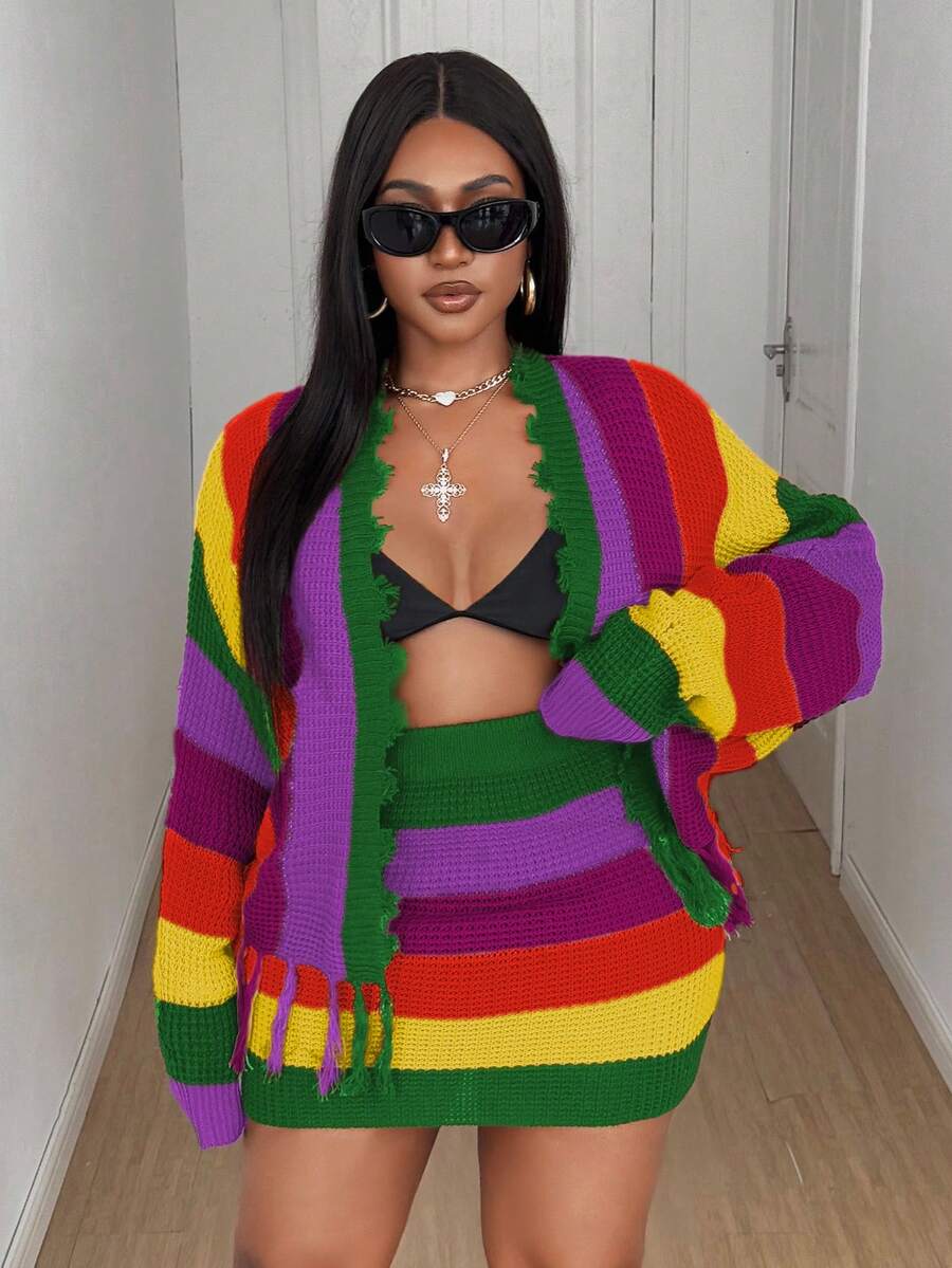 Maweii Plus Size Women Striped Colorful Tassel Cardigan & Mini Skirt 2 Pieces Set - Green - View 1