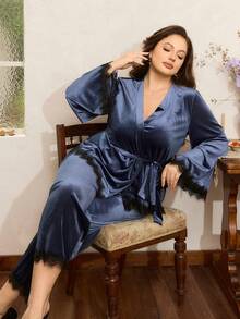 Côtesoire Plus Size Women Velvet Lace Patchwork Long Sleeve Top & Pants Pajama Set Fall Winter Clothes - Dusty Blue - View 5