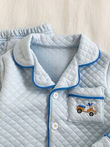 2pcs Baby Boys Autumn/Winter Outfit, Plaid Fleece Cardigan With Pockets & Cartoon Car Embroidery, Long Sleeve Top And Pants Set Baby Boy Blue Set Baby Car Outfit Blue Baby Boy Pajama Set Quilted Baby Boy Outfit - Blue - View 6