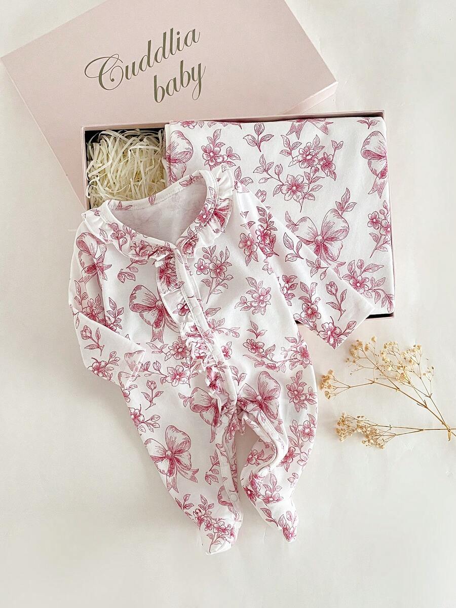 SHEIN 2 件套新生儿连脚睡衣,带可爱蝴蝶结和全身花卉印花,家居服 - 粉色 - 查看 1