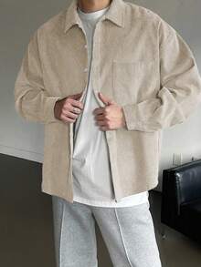 DAZY Áo sơ mi nhung kẻ trơn màu dành cho nam, mùa thu - Màu be - Xem 3