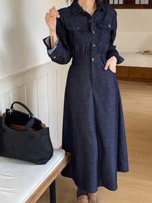 DAZY Women's Casual Front Button Waist Cinched Long Sleeve Dress, Autumn Dress - Blue - View 3