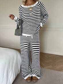 SHEIN EZwear Women's Black And White Striped Casual Sweater Set Two Piece Set Women Comfy Striped Two Piece Set Striped Lounge Set - Black and White - View 7