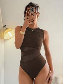 SHEIN PETITE 优雅圆领无袖针织拼接不对称网眼黑色春夏女士连体衣 - 咖啡棕 - 查看 4
