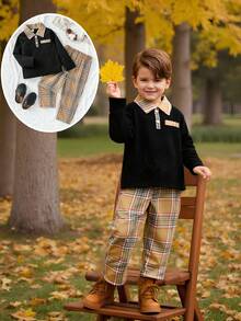 Souflis Souflis 年轻男孩休闲优雅格子华夫格针织长袖 Polo 衫和裤子套装，适合日常穿着、上学、度假和各种场合 - 黑色 - 查看 3