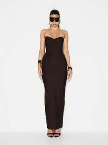 KIZN Đầm dạ hội Maxi bodycon hở lưng xẻ tà hình trái tim - Cà phê - Xem 5
