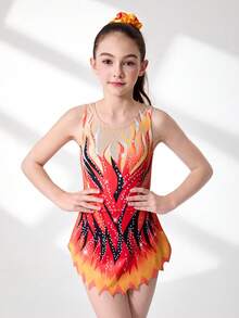 Bộ đồ liền thân thể thao không tay in họa tiết thoải mái, mềm mại, vừa vặn, chống nhấp nháy, thích hợp cho cuộc thi khiêu vũ tại trường, mọi mùa - Màu Cam cháy - Xem 3