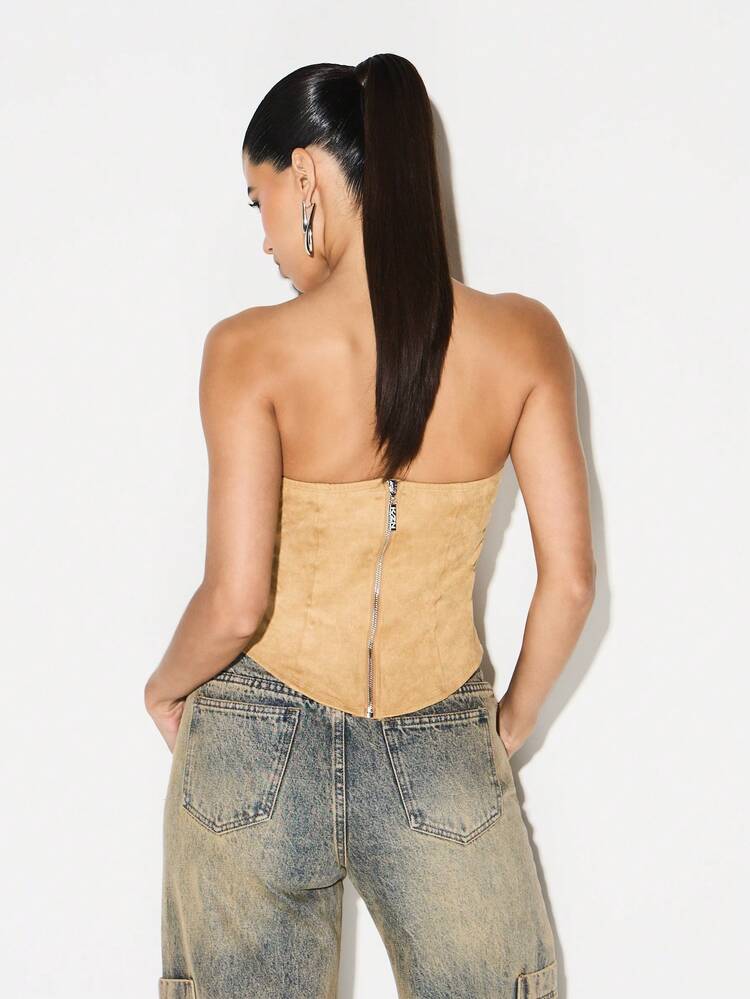 KIZN Faux Suede Strapless Corset Top With Zip Back