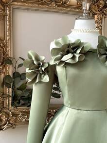 Lovelzi Elegant Stereo Floral Off-Shoulder A-Line Long Sleeve Dress, Wedding Guest Dress, Suitable For Evening Party, Gala, Ball, Prom Dress - Green - View 3