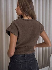 MUSERA 收腰露脐船领短袖针织上衣，可爱优雅性感街头风，适合夜间外出、晚宴派对等场合，春季必备。 - 巧克力棕 - 查看 2