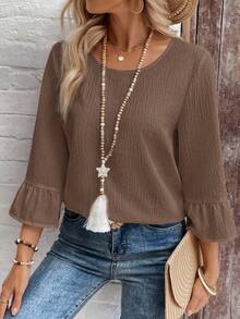 EMERY ROSE 女士纯色简约休闲圆领长袖衬衫 - 咖啡棕 - 查看 6