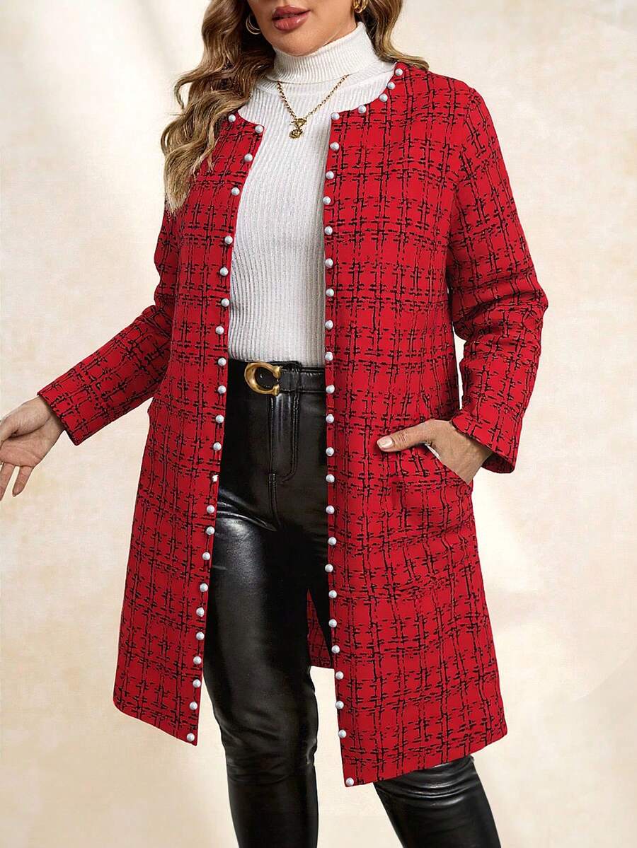 SHEIN Clasi Plus Size Women Winter Jacket, Faux Tweed Pattern, Front Open Long Sleeve, With Pearl Buttons And Pockets/Christmas - Red - View 1