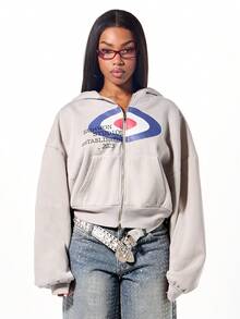 SUMWON WOMEN Áo nỉ trùm đầu Boxy Fit cỡ lớn có khóa kéo, in họa tiết và mũ trùm đầu có dây rút, phù hợp cho phong cách đường phố thường ngày - Xám - Xem 3