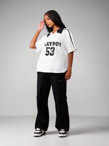 Missguided x Playboy Oversized Collared Cotton Tee With Contrast Trim And Athletic Number Print For Casual Weekend - Black - View 3