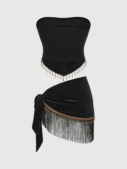 Hippie Jupe cache-maillot en velours à 2 pièces avec décoration de perles en bois et de franges, style rétro hippie pour festival de musique, sexy pour femmes