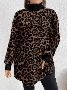 EMERY ROSE 复古豹纹印花休闲简约大码高领长款T恤，春秋 - 彩色 - 查看 4