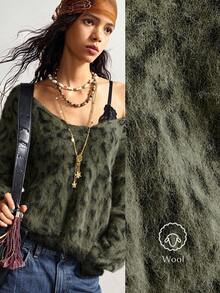Bohemela 波西米亚风秋冬外套，女士复古豹纹不对称领宽松针织套头毛衣，西部乡村风格，适合度假、日常穿着、返校季、圣诞节、新年等场合。 - 軍綠色 - 查看 2