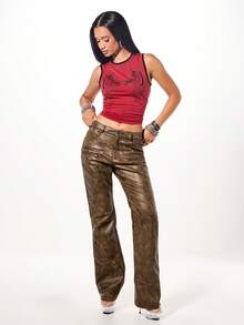 SUMWON WOMEN Faux Suede Low Rise Flare Trousers With Zipper Details For Festival Vintage Style - Brown - View 5