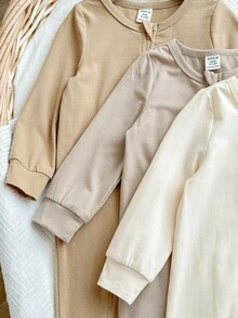 男宝宝可爱休闲针织长袖连体衣 - 杏色 - 查看 3