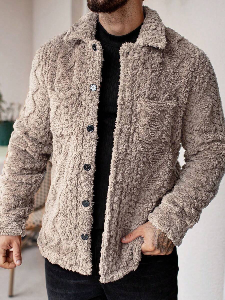 Manfinity Homme Men's Casual Solid Color Fuzzy Fleece Long Sleeve Jacket For Autumn/Winter, Winter Button Up Jacket - Khaki - View 1