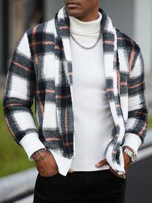 Manfinity Homme Men's Plaid Long Sleeve Fleece Cardigan Jacket, Autumn/Winter Men Knitted Button Up Men Sweater Jacket Men Shacket Fall Clothes For Men Plaid Jacket Men - Multicolor - View 3