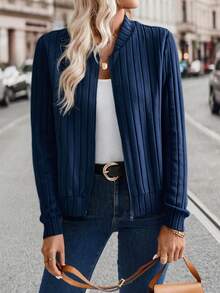 SHEIN 女式罗纹拉绒海军蓝夹克，秋冬畅销款 - 藏蓝色 - 查看 4