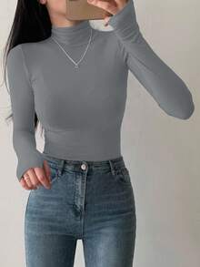 DAZY Camiseta de manga larga con cuello alto como capa base para mujer, color negro, para primavera/verano/otoño - Gris Oscuro - Ver 4