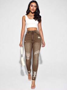 EMERY ROSE Blugi de damă cu talie înaltă, buzunare, skinny, casual, versatile, blugi de damă, maro, jeggings, pantaloni Western pentru femei, mărime plus - cafea maro - Vizualizare 6