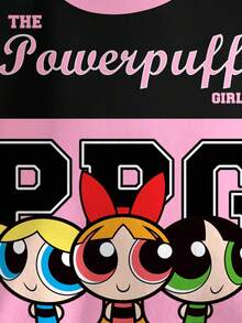 THE POWERPUFF GIRLS X SHEIN 年轻女孩休闲拼色字母与花朵、泡泡、毛茛图案圆领运动衫，秋季 - 白色 - 查看 3