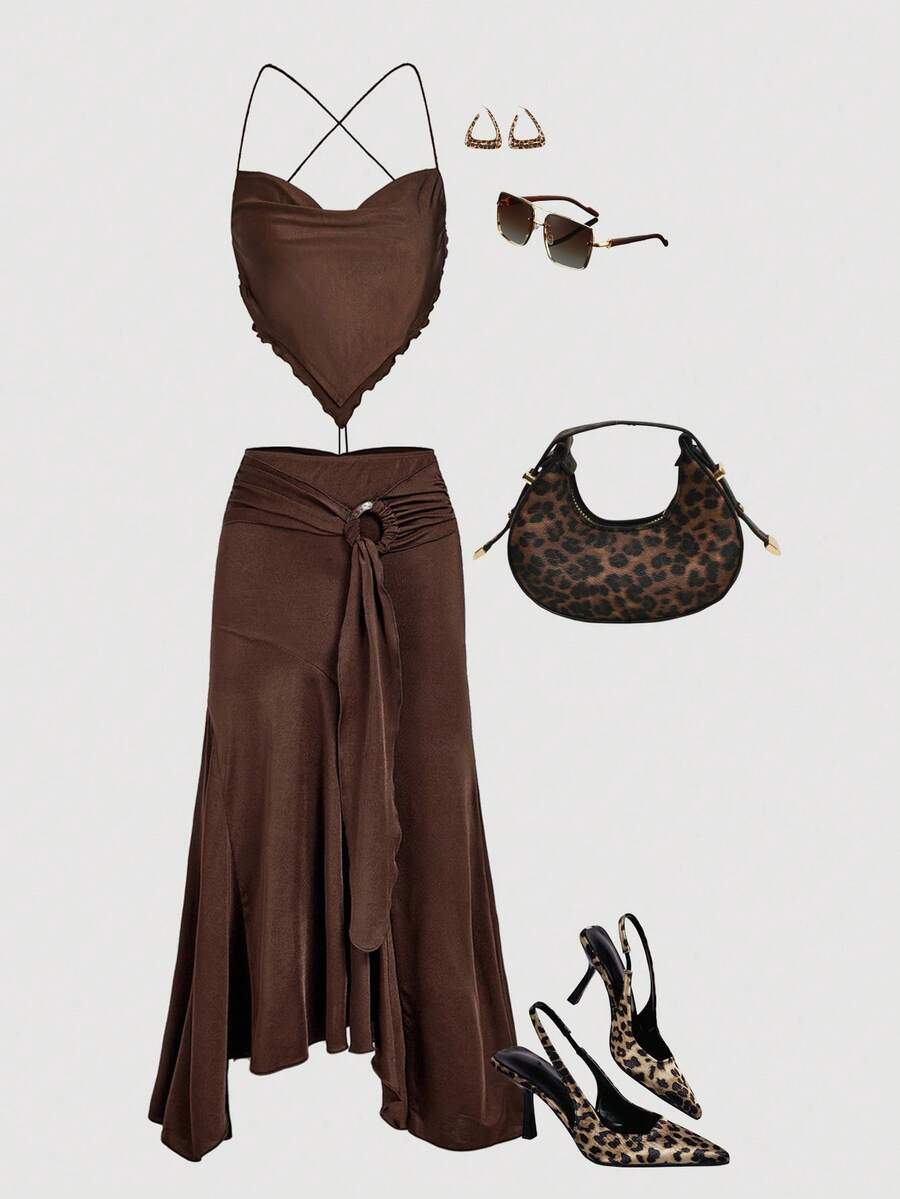 SHEIN MOD Conjunto de top marrón retro sin espalda y falda larga asimétrica con volantes de cintura alta para tallas grandes - Marrón - Ver 1