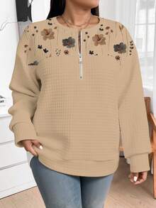 SHEIN LUNE 大码女式感恩节休闲优雅印花宽松半拉链卫衣，秋冬季 - 彩色 - 查看 3