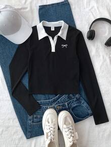 Teen Girl Contrast Color Splice Collar Long Sleeve Bow Decor Casual T-Shirt