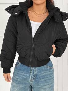 SHEIN EZwear Autumn Winter Women Women's Black Woven Hooded Jacket, Winter - Black - View 6