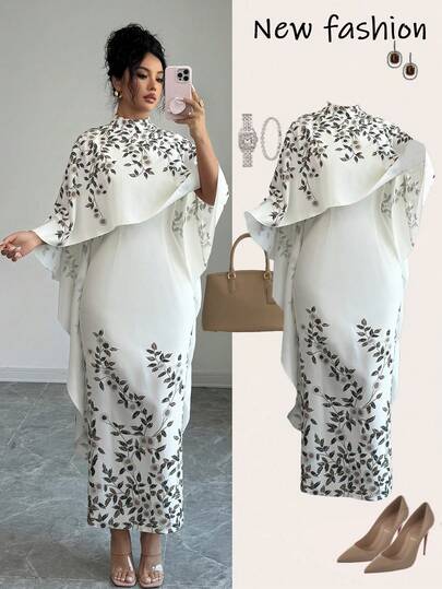 SHEIN Elenzya Vestido midi con estampado floral y cuello alto elegante con capa