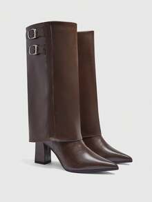 CUCCOO BIZCHIC High Shaft Pointed Toe Chunky Heel Side Zipper European And American Fashion Women Boots - Brown - View 6