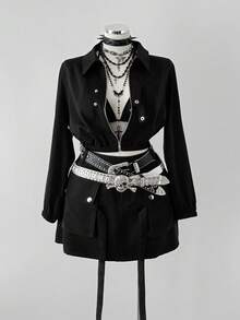 Sunspun Plus Size Vintage Workwear Collared Shirt, Cropped Zip-Up Crop Top Jacket Foromen American Casual Workwear Pocket Skirt With Tie, Mini Bodycon Skirt Foromen, 2-Piece Set - Black - View 5