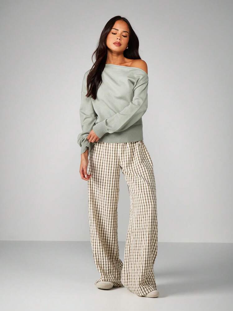 MISSGUIDED Off Shoulder Knitted Sweater With Ribbed Hem Long Sleeve Fall Winter Pullover Jumper Christmas