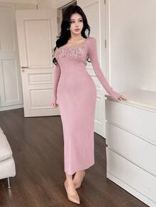 DAZY 女士优雅方领3D蝴蝶针织毛衣裙，秋季 - 粉色 - 查看 4