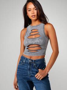 Missguided x Playboy Distressed Cut Out Tank Top With Rhinestone Logo Detail Sleeveless Casual - Dark Grey - View 4