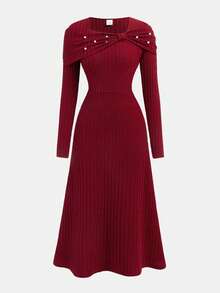 少女优雅修身铆钉领结披肩领长袖毛绒罗纹连衣裙，酒红色，适合圣诞节、新年、派对、舞会礼服 - 灰色 - 查看 2