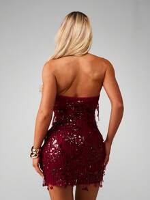 MISSGUIDED 酒红色亮片露背迷你连衣裙，流苏细节，适合派对晚宴穿着，修身款式 - 紅色 - 查看 2