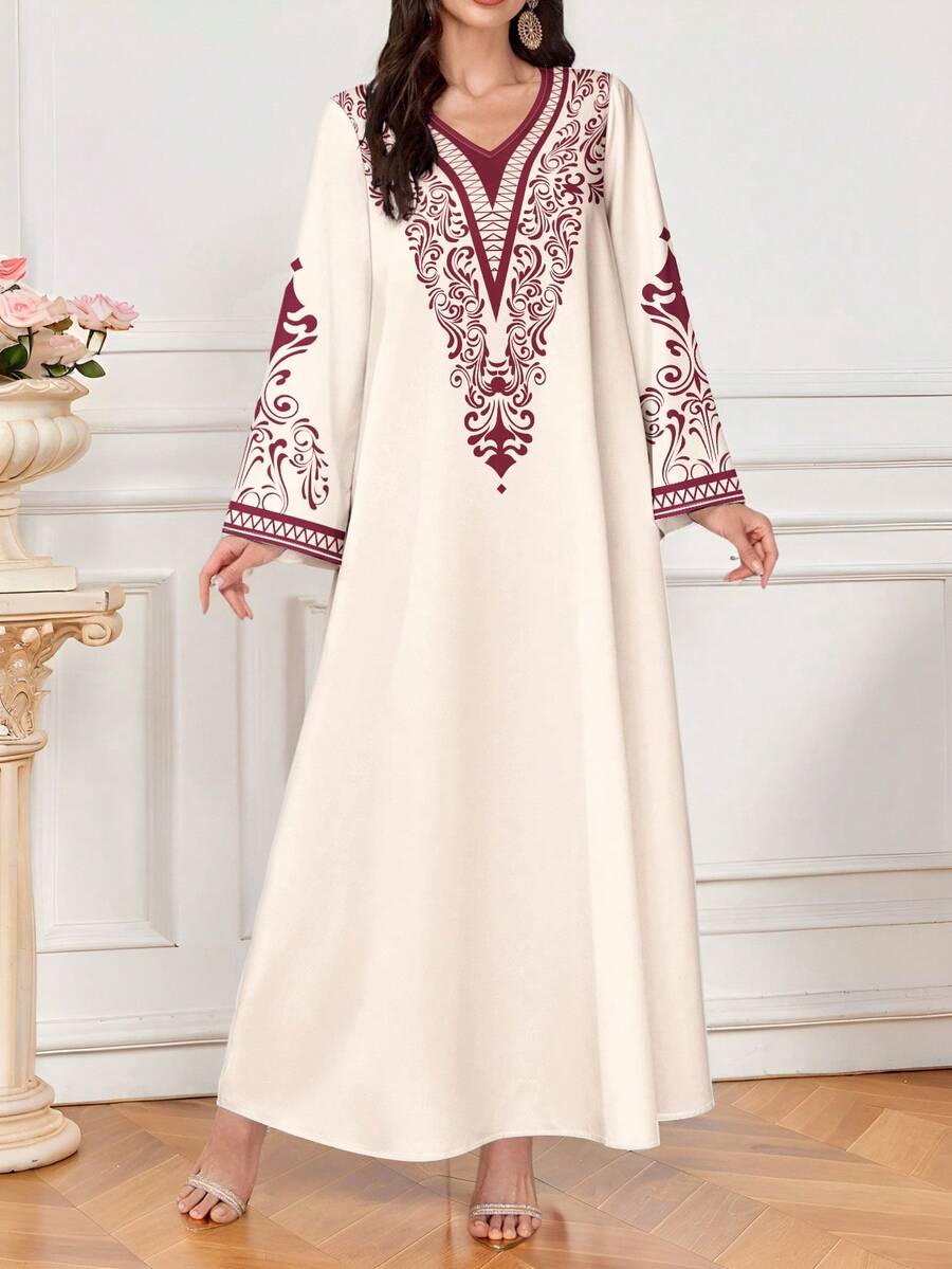 Al Najma Women's Floral & Geometric Print V-Neck Long Sleeve Elegant Arabic Style Maxi Dress, Spring/Autumn - Multicolor - View 1
